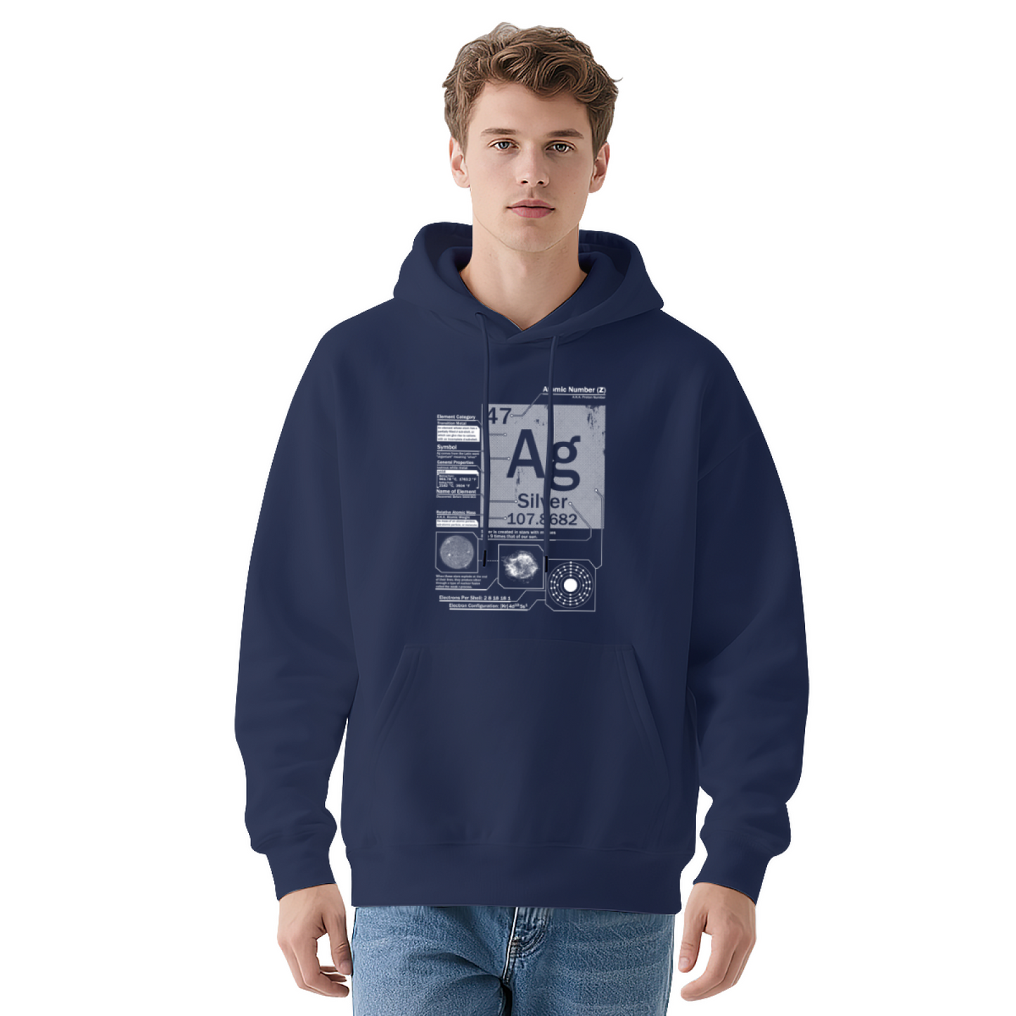 Silver Ag Periodic Table Science Element Print Hoodie, Nerd Soft Comfort Study Pullover