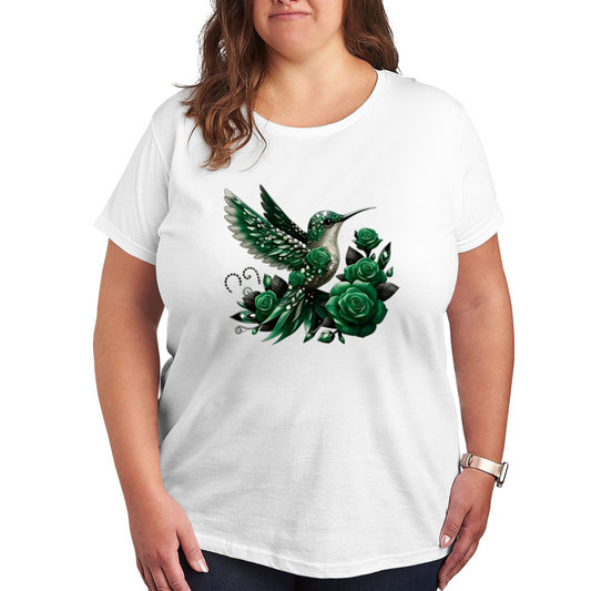 Vintage Red Rose Rhinestone Hummingbird Romantic Plus Size Women Graphic Print T-Shirt