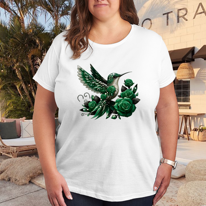 Vintage Red Rose Rhinestone Hummingbird Romantic Plus Size Women Graphic Print T-Shirt