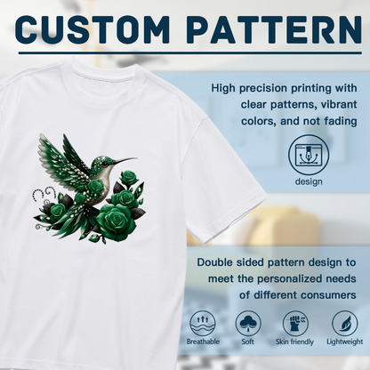 Vintage Red Rose Rhinestone Hummingbird Romantic Plus Size Women Graphic Print T-Shirt