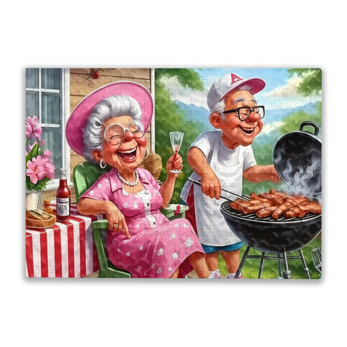 Funny Elderly Couple Backyard BBQ Summer Cartoon Puzzle | 300/500/1000 Pieces