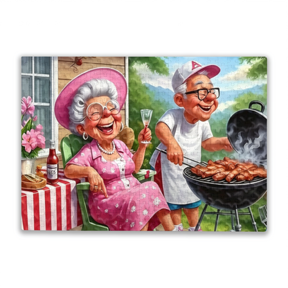 Funny Elderly Couple Backyard BBQ Summer Cartoon Puzzle | 300/500/1000 Pieces