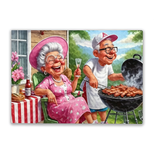 Funny Elderly Couple Backyard BBQ Summer Cartoon Puzzle | 300/500/1000 Pieces