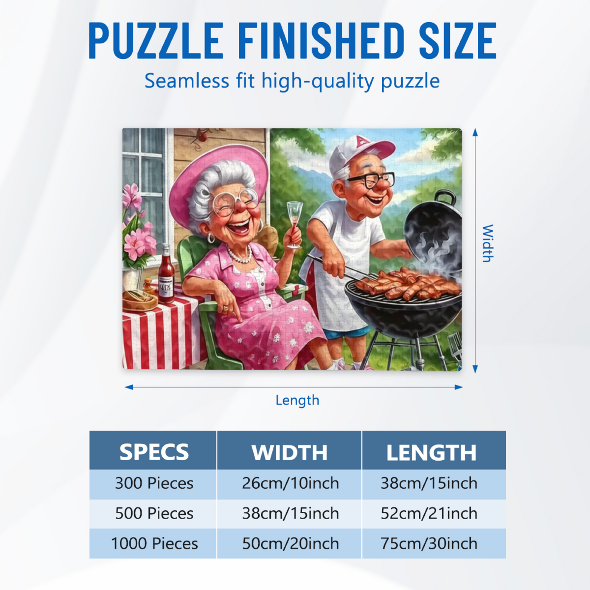Funny Elderly Couple Backyard BBQ Summer Cartoon Puzzle | 300/500/1000 Pieces