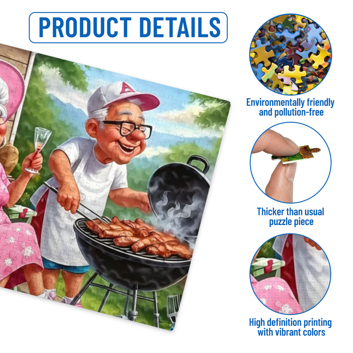 Funny Elderly Couple Backyard BBQ Summer Cartoon Puzzle | 300/500/1000 Pieces