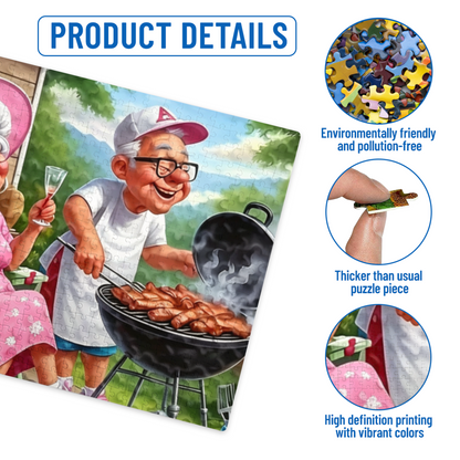 Funny Elderly Couple Backyard BBQ Summer Cartoon Puzzle | 300/500/1000 Pieces