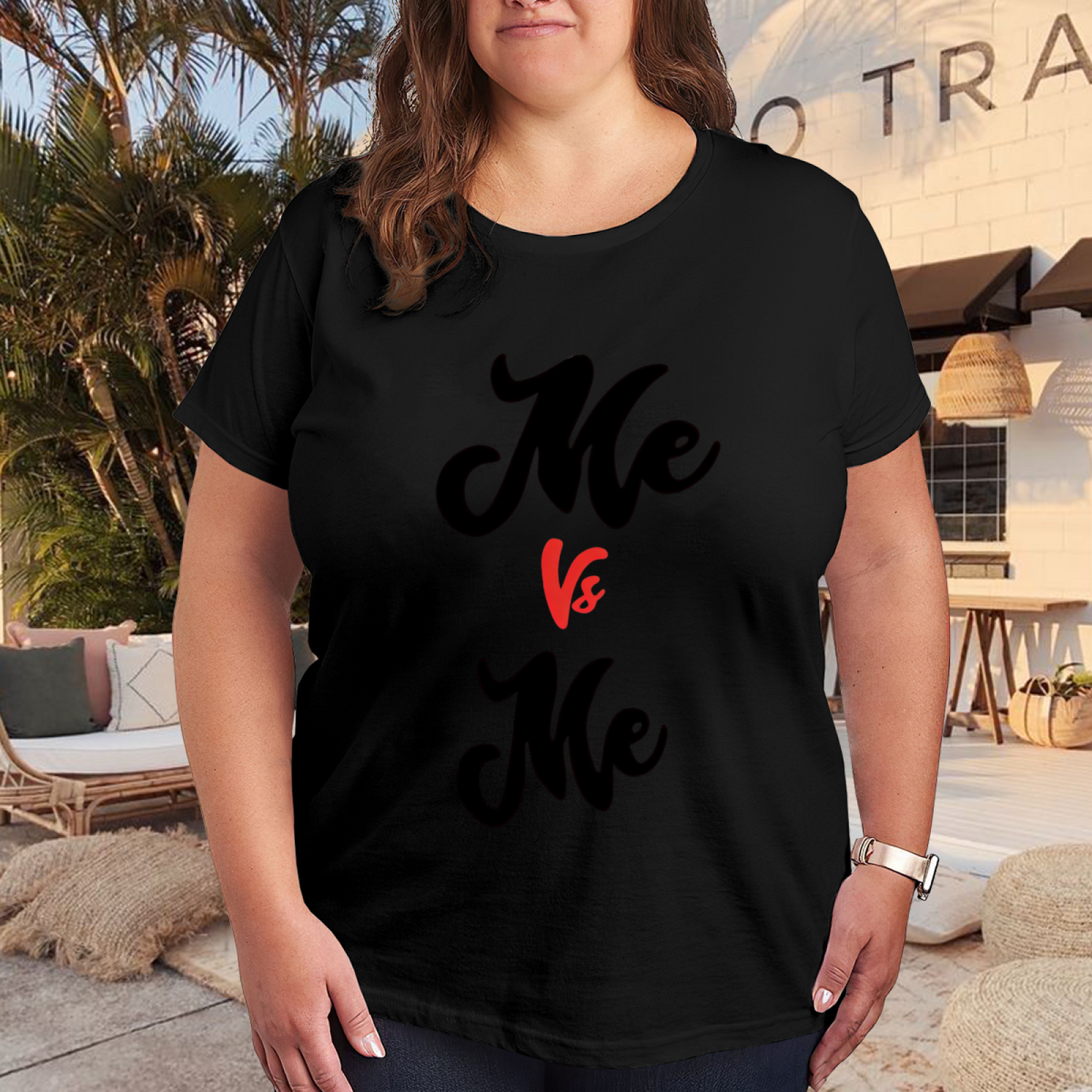 Bold Cursive Me Vs Me Self Love Mental Health Plus Size Black T-Shirt