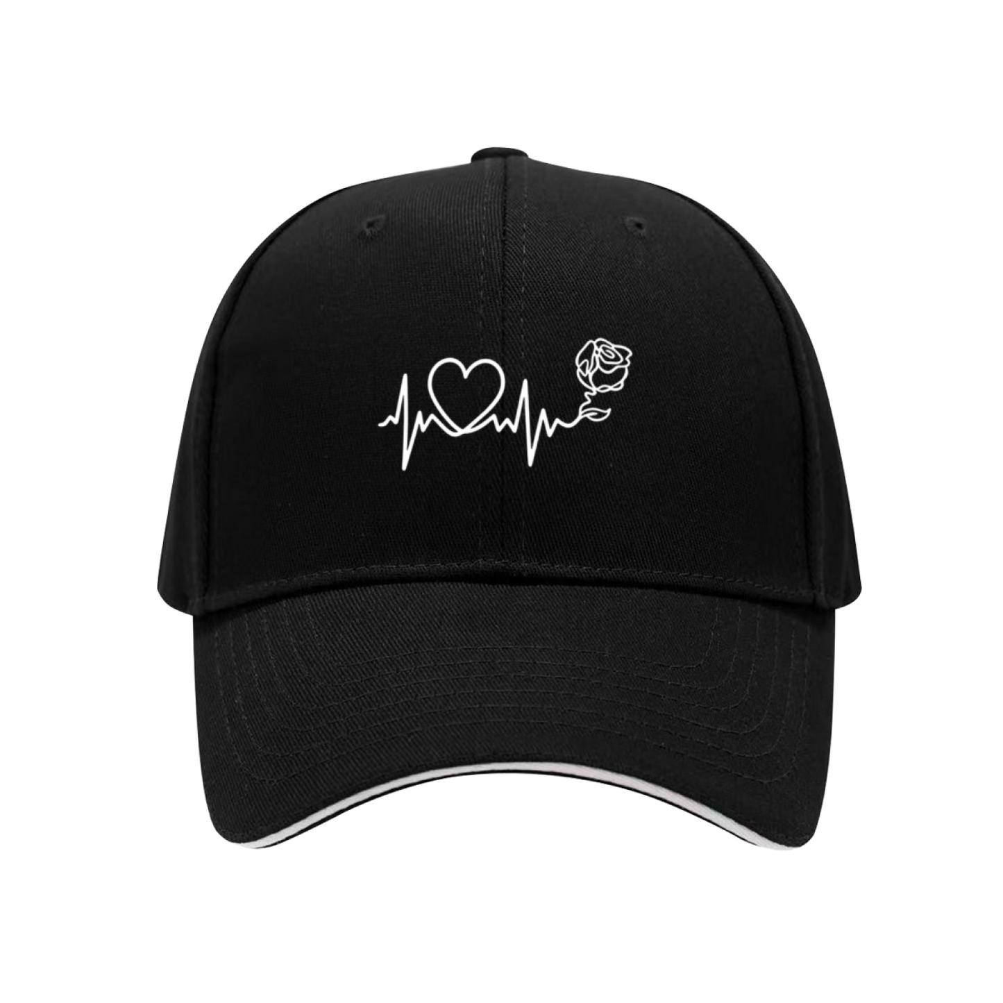 Heartbeat Rose Line Art Pink Sandwich Brim Baseball Cap Romantic Love Hat