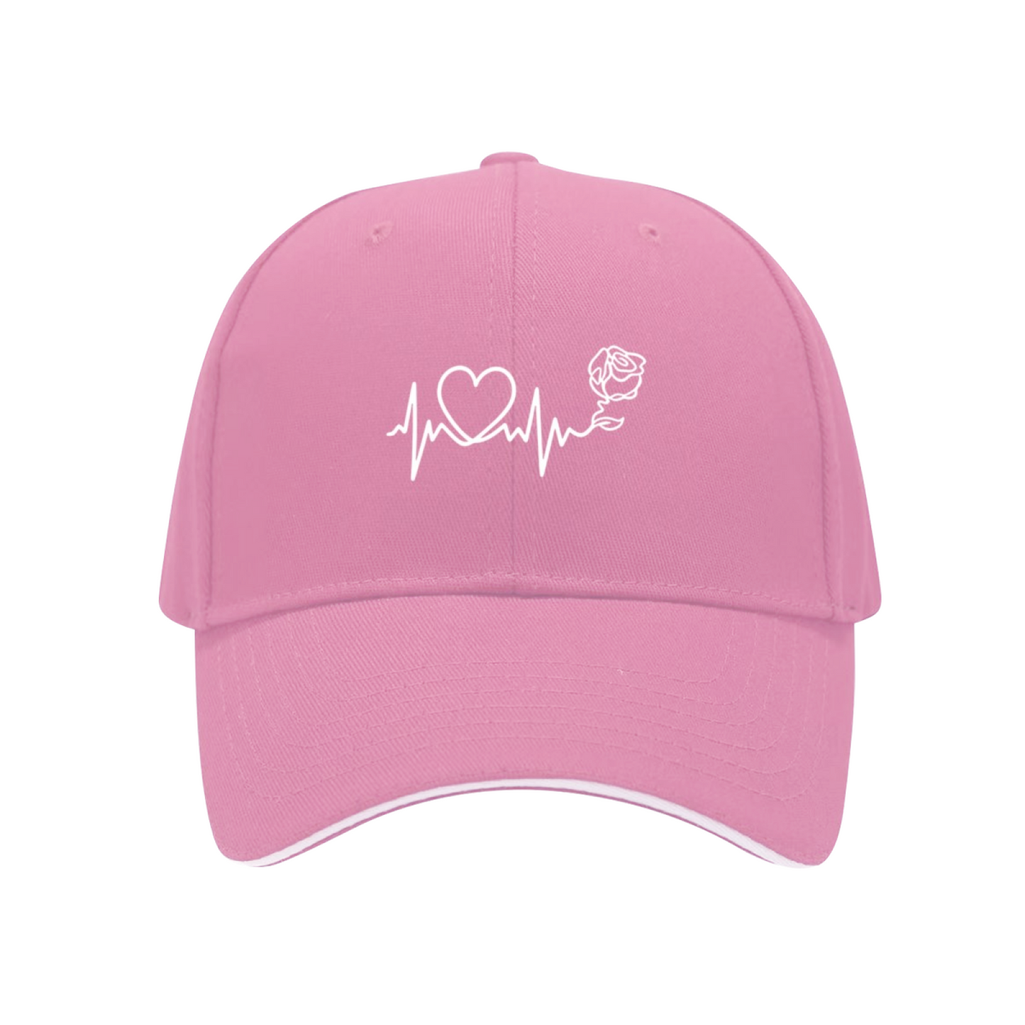 Heartbeat Rose Line Art Pink Sandwich Brim Baseball Cap Romantic Love Hat