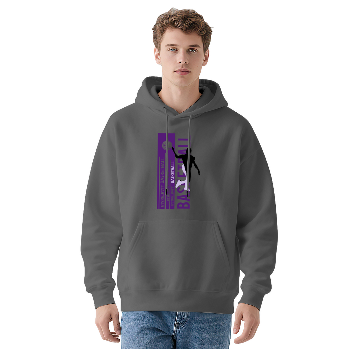 Vertical Purple Basketball Gray Hoodie, Men Sporty Loose Cozy Sweatshirt