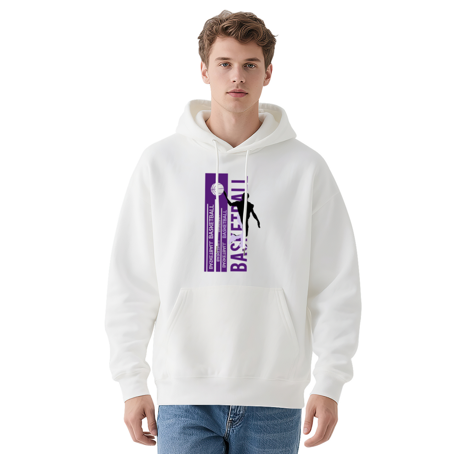 Vertical Purple Basketball Gray Hoodie, Men Sporty Loose Cozy Sweatshirt