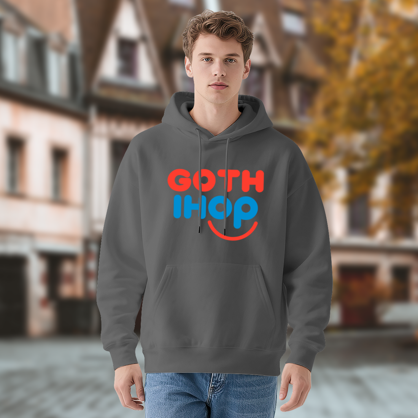 Retro GOTH IHOP Smile Colorful Print Hoodie, Men Daily Comfort Hooded Top