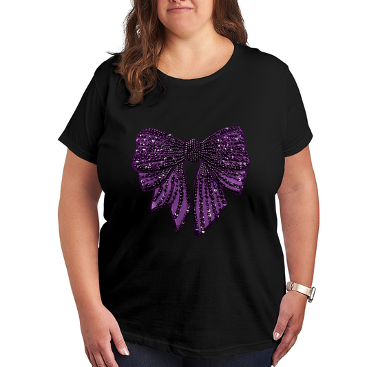 Luxury Rhinestone Shiny Purple Big Bow Glam Plus Size Women Printed T-Shirt