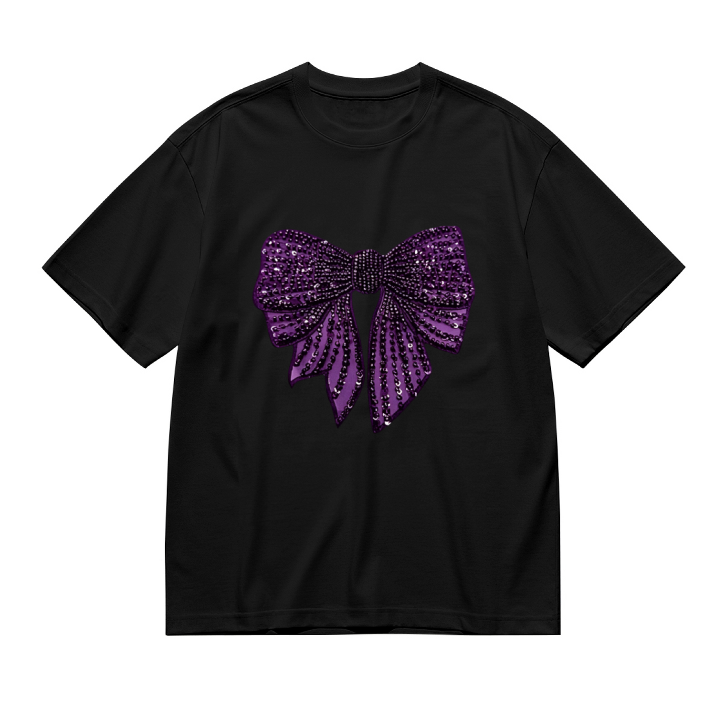 Luxury Rhinestone Shiny Purple Big Bow Glam Plus Size Women Printed T-Shirt