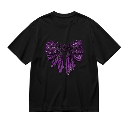 Luxury Rhinestone Shiny Purple Big Bow Glam Plus Size Women Printed T-Shirt