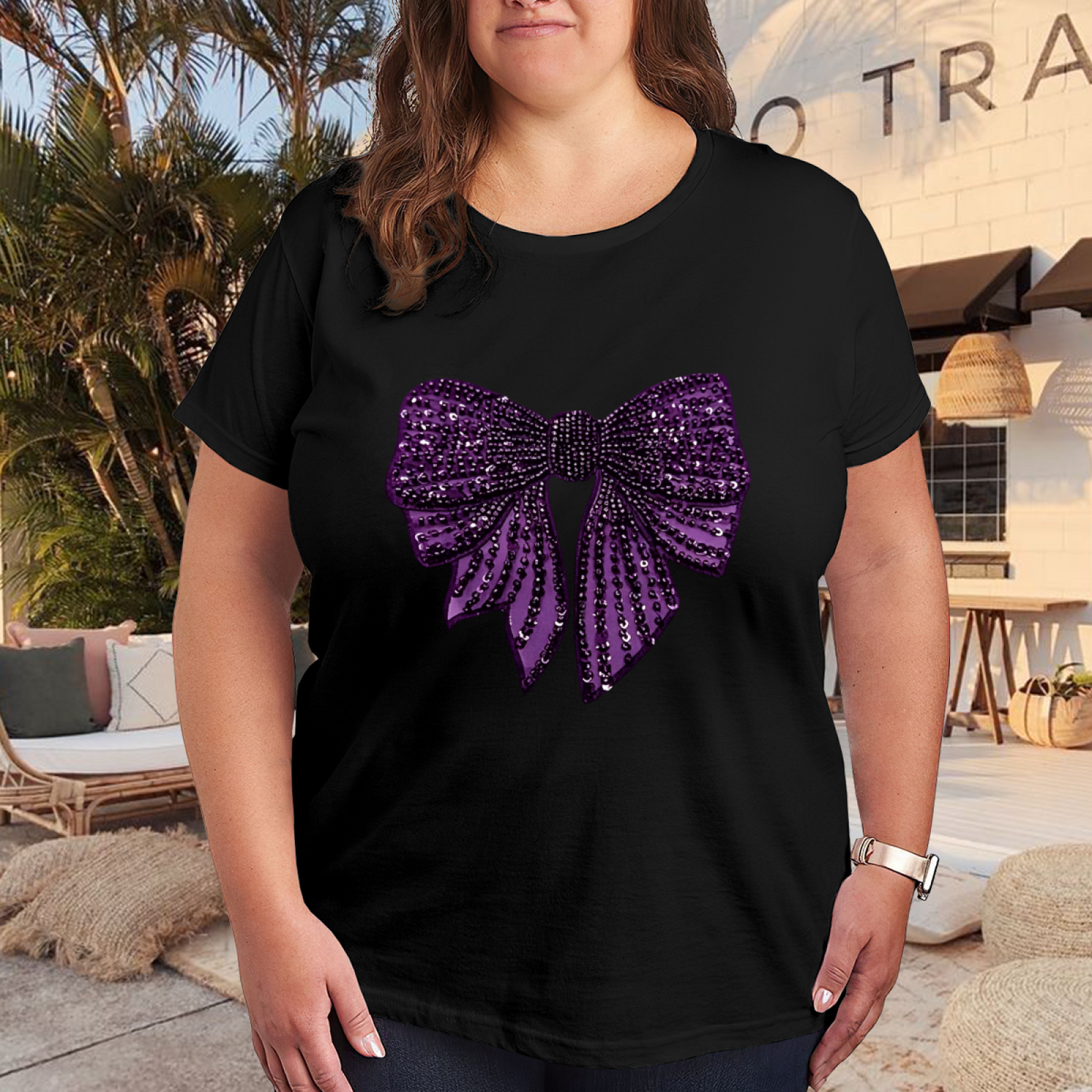 Luxury Rhinestone Shiny Purple Big Bow Glam Plus Size Women Printed T-Shirt