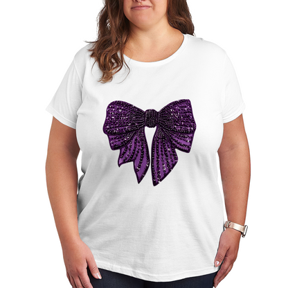 Luxury Rhinestone Shiny Purple Big Bow Glam Plus Size Women Printed T-Shirt