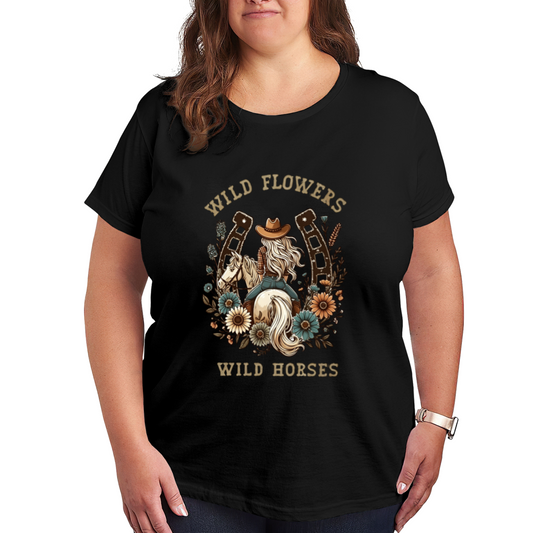 Wild Flowers Wild Horses Cowgirl Western Retro Plus Size Women Graphic Tee