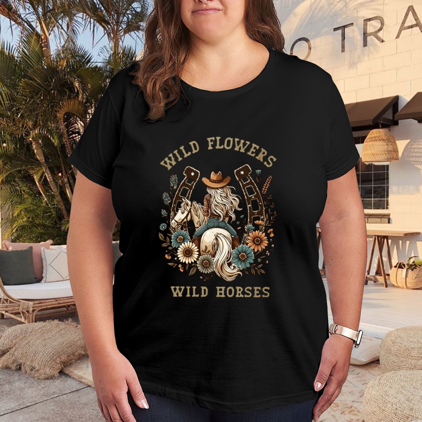 Wild Flowers Wild Horses Cowgirl Western Retro Plus Size Women Graphic Tee