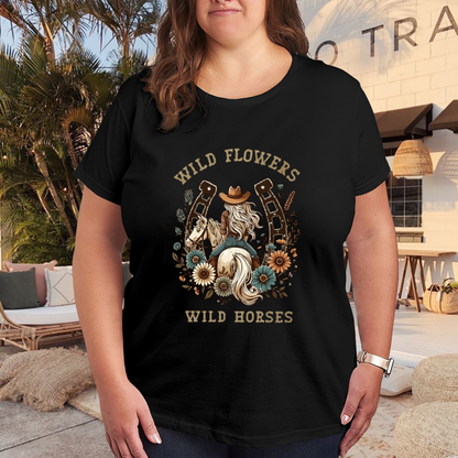 Wild Flowers Wild Horses Cowgirl Western Retro Plus Size Women Graphic Tee