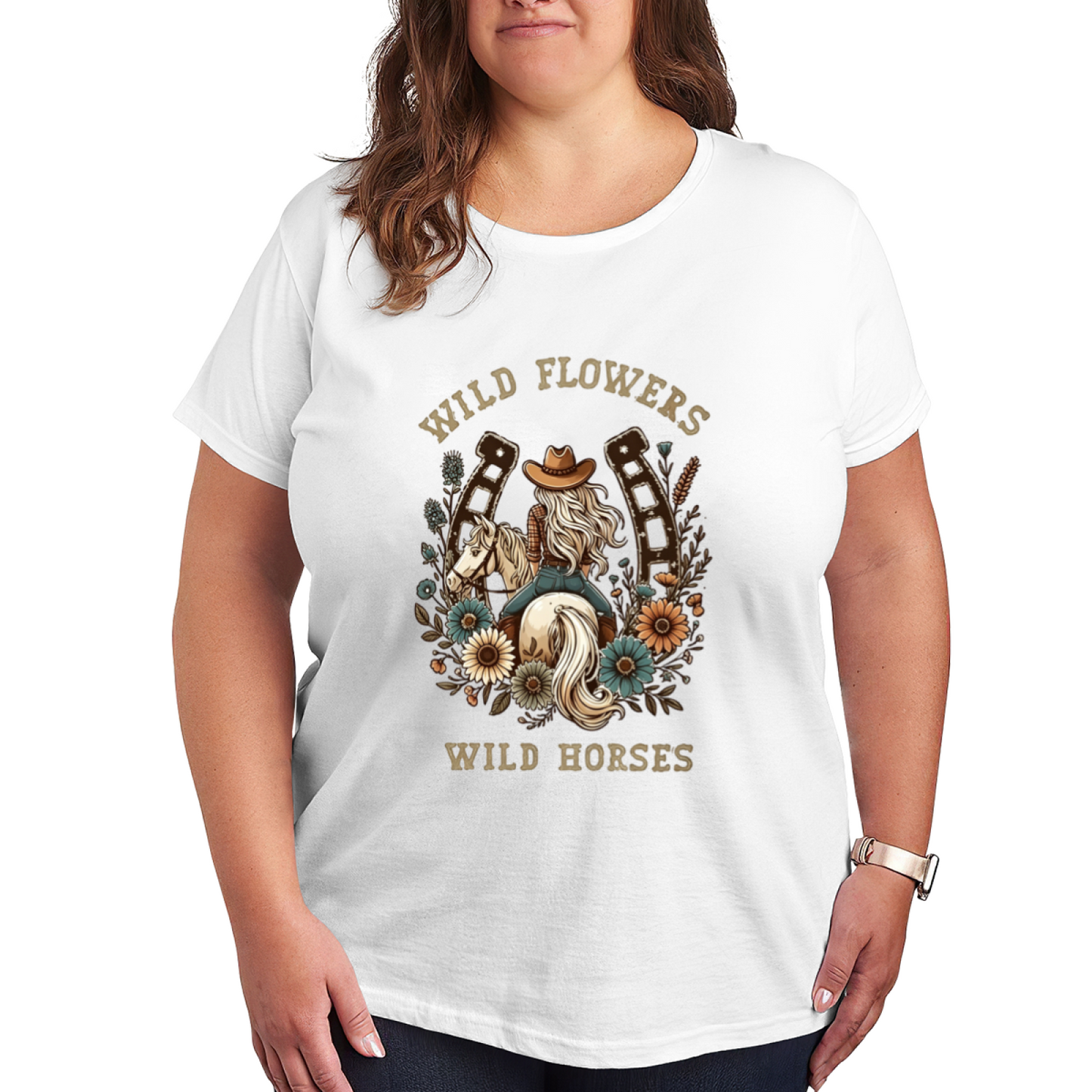 Wild Flowers Wild Horses Cowgirl Western Retro Plus Size Women Graphic Tee