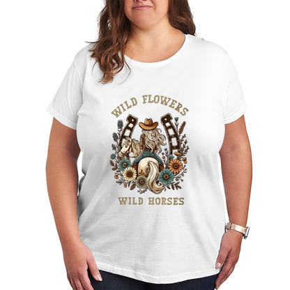 Wild Flowers Wild Horses Cowgirl Western Retro Plus Size Women Graphic Tee