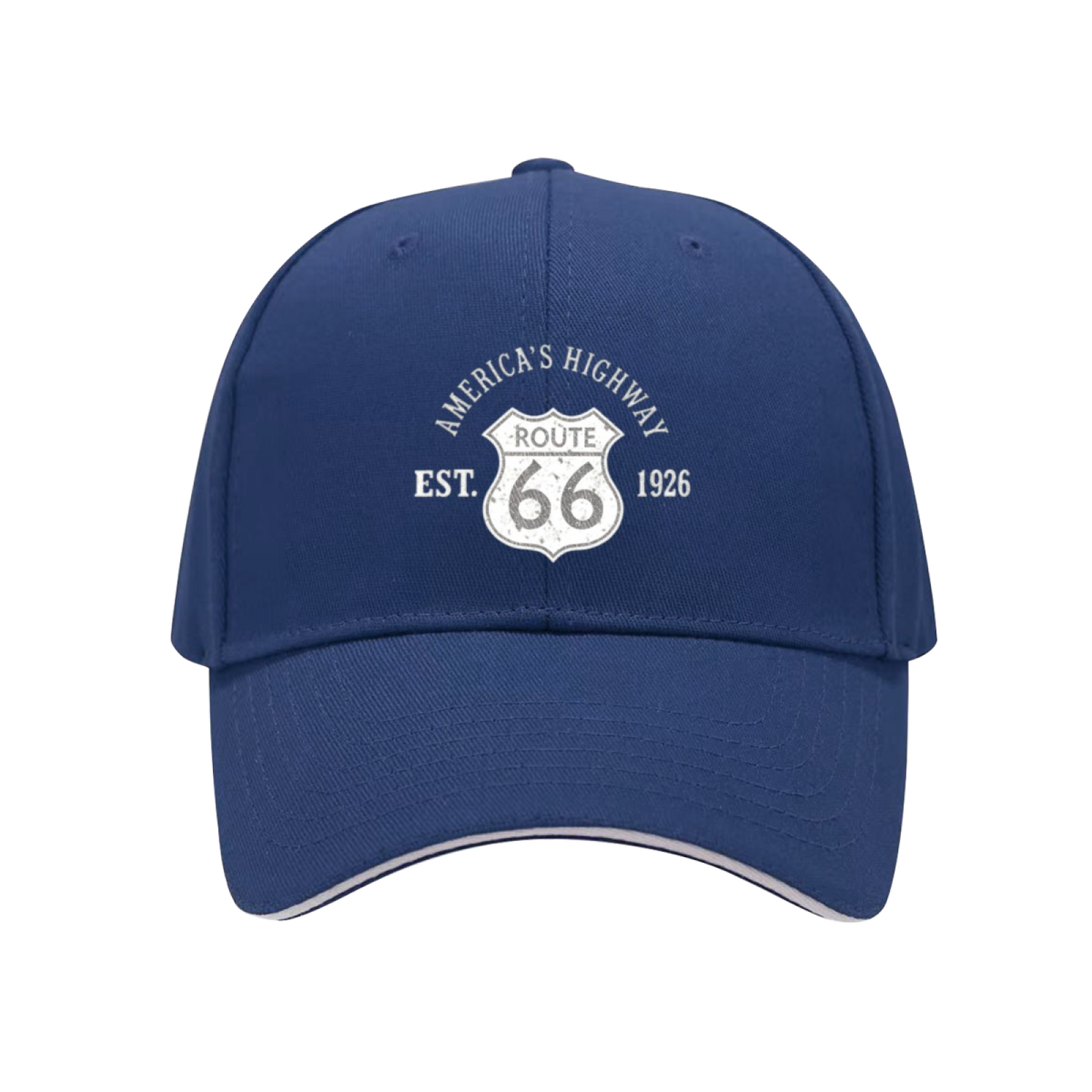 Vintage Route 66 America¡¯s Highway Navy Sandwich Brim Baseball Cap Retro Road Trip Hat