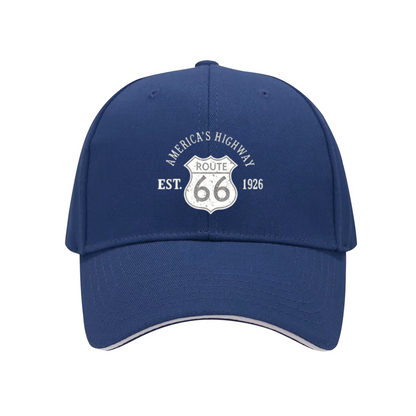 Vintage Route 66 America¡¯s Highway Navy Sandwich Brim Baseball Cap Retro Road Trip Hat
