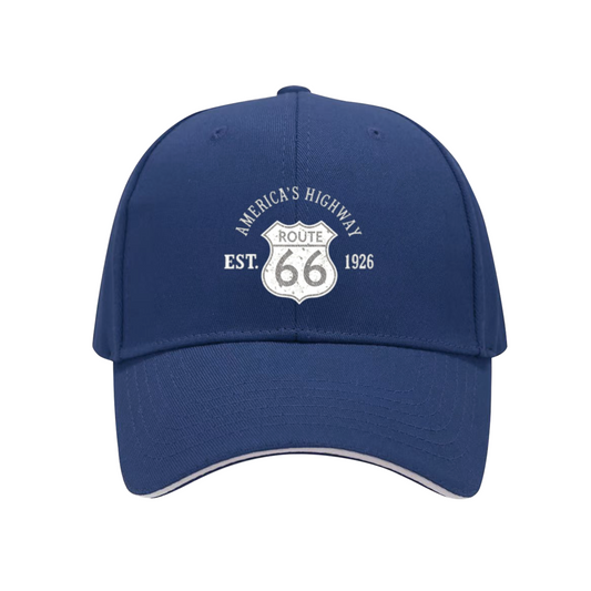 Vintage Route 66 America¡¯s Highway Navy Sandwich Brim Baseball Cap Retro Road Trip Hat