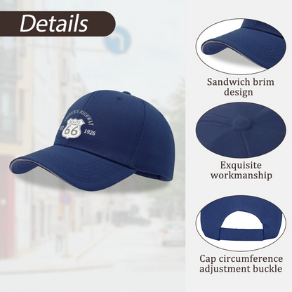 Vintage Route 66 America¡¯s Highway Navy Sandwich Brim Baseball Cap Retro Road Trip Hat