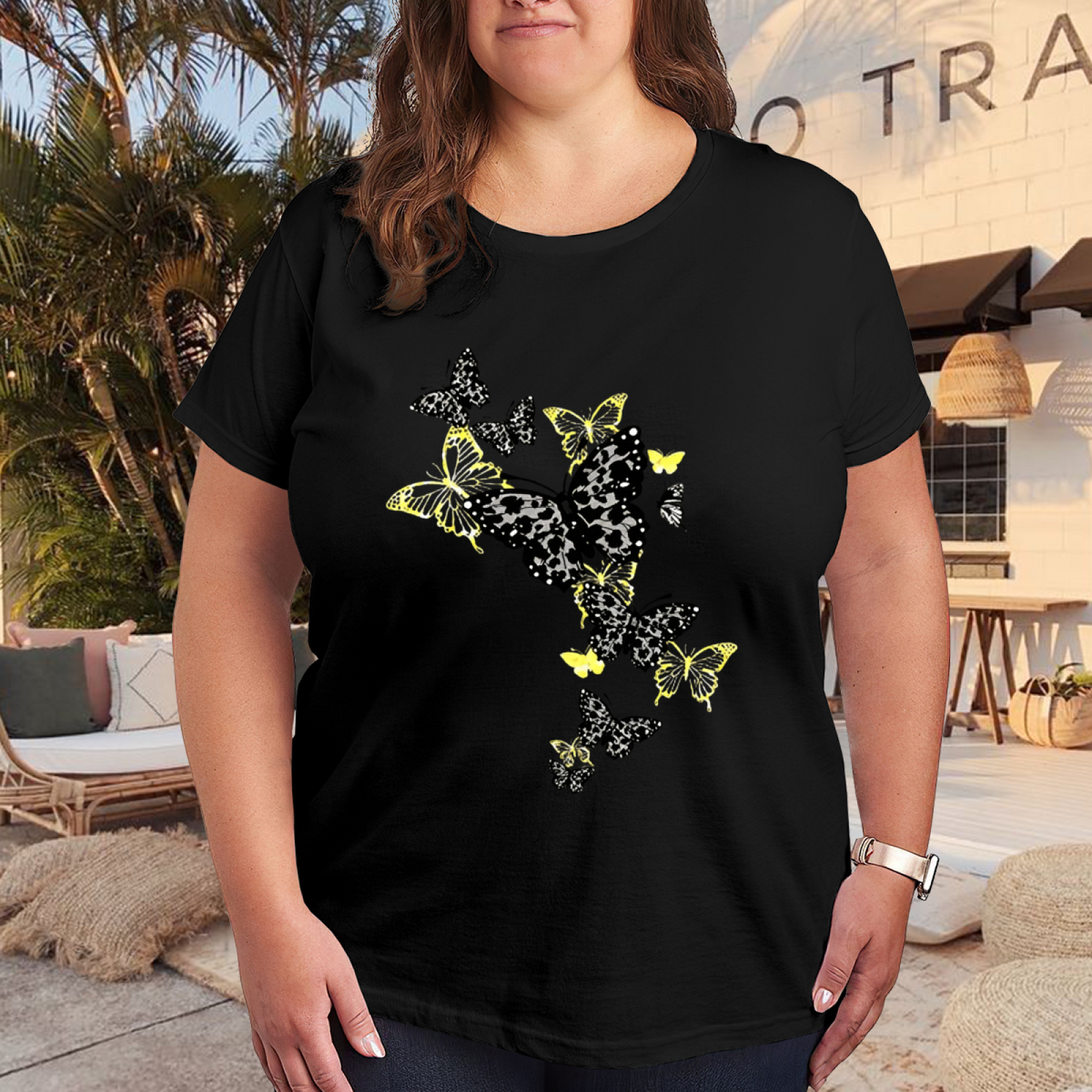 Cool Yellow Leopard Butterfly Cluster Trendy Plus Size Women Printed T-Shirt