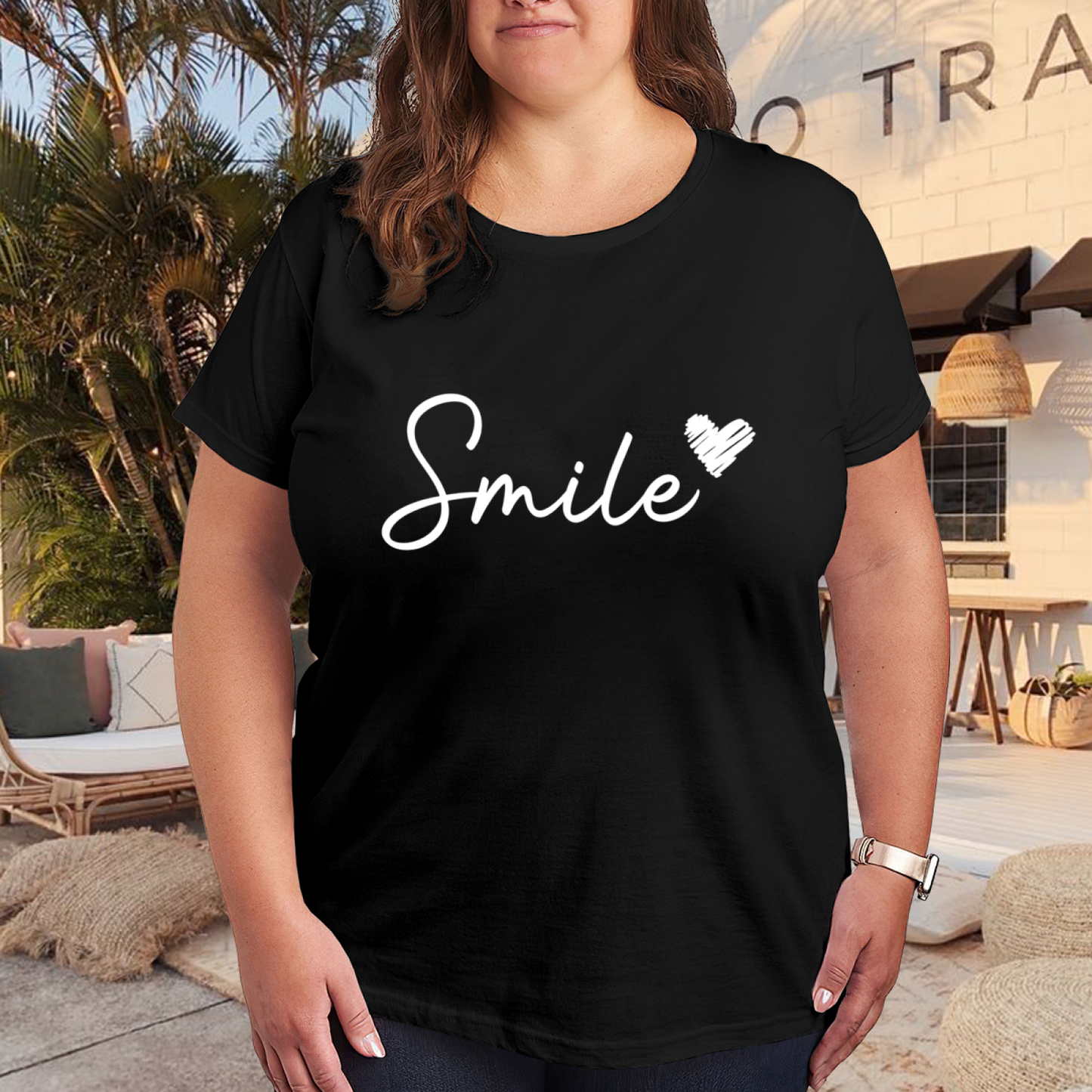 Minimal Cursive Smile Scribble Heart Simple Plus Size Black Ladies Tee