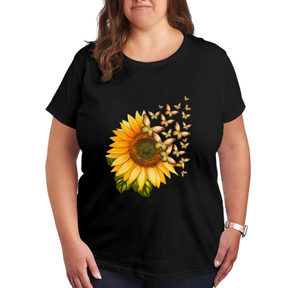 Bright Sunflower Flying Golden Butterfly Summer Plus Size Women Printed T-Shirt