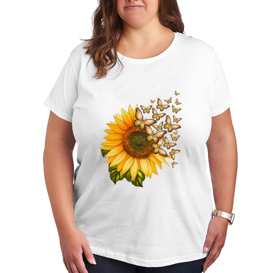 Bright Sunflower Flying Golden Butterfly Summer Plus Size Women Printed T-Shirt