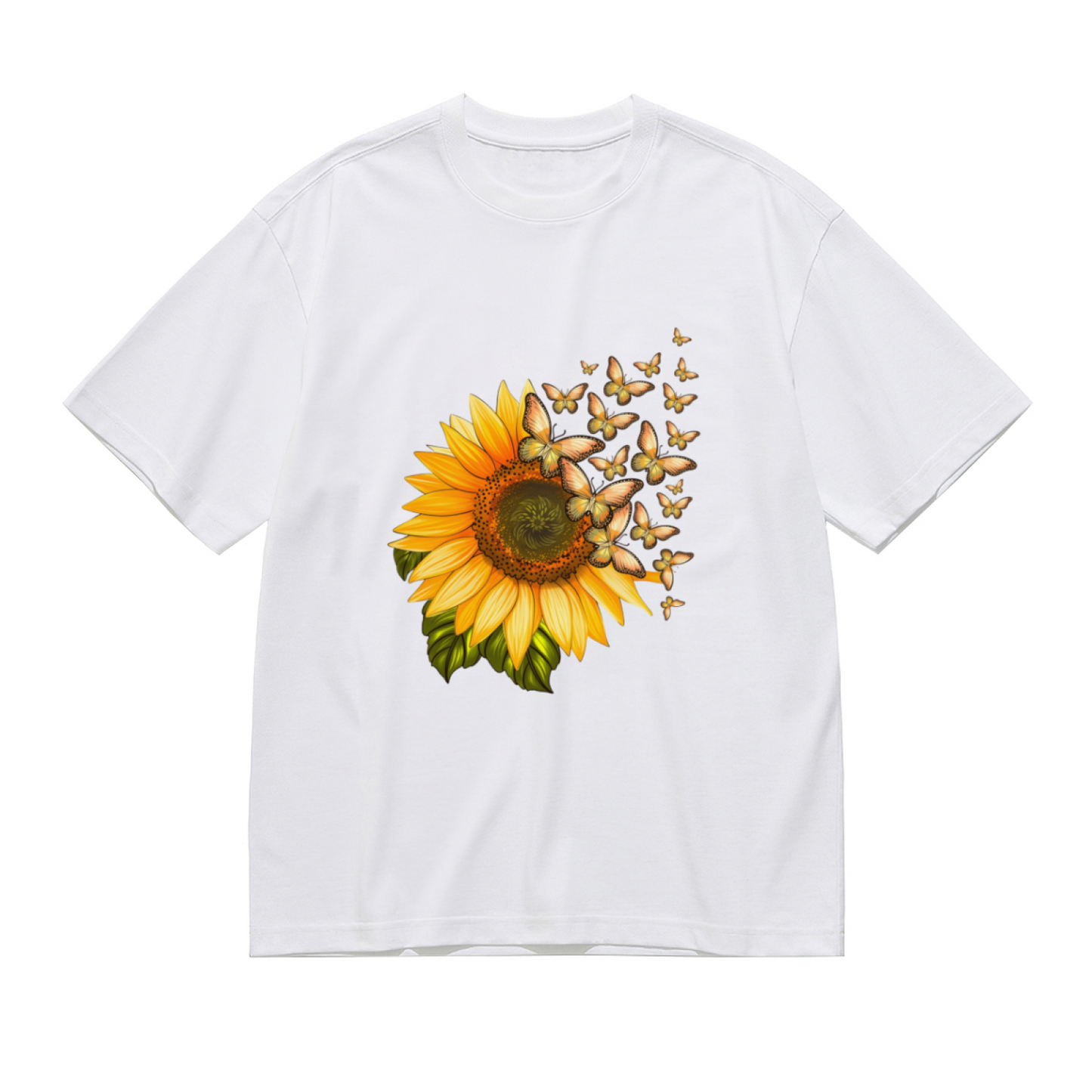 Bright Sunflower Flying Golden Butterfly Summer Plus Size Women Printed T-Shirt