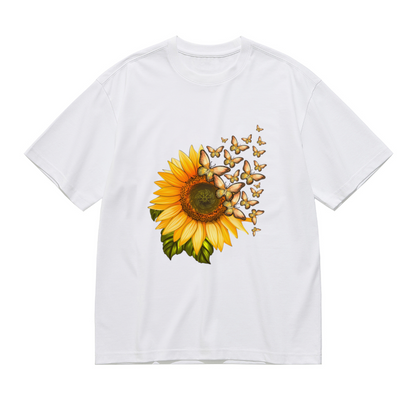 Bright Sunflower Flying Golden Butterfly Summer Plus Size Women Printed T-Shirt