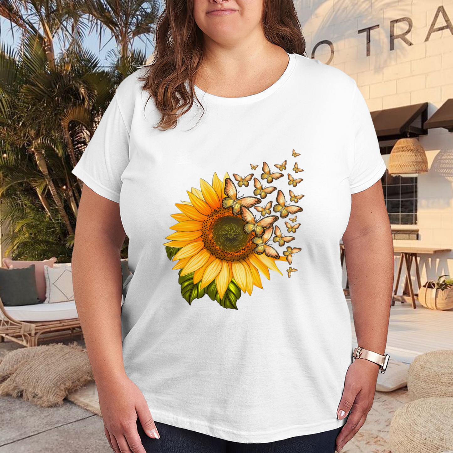 Bright Sunflower Flying Golden Butterfly Summer Plus Size Women Printed T-Shirt