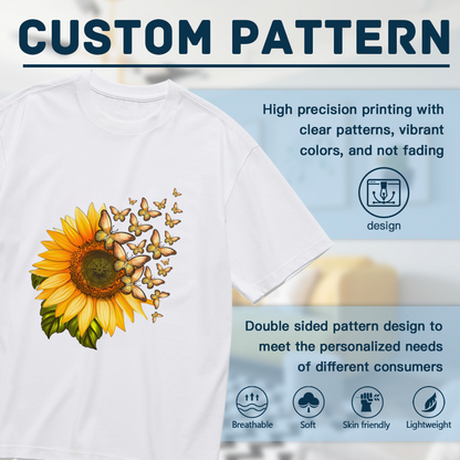 Bright Sunflower Flying Golden Butterfly Summer Plus Size Women Printed T-Shirt