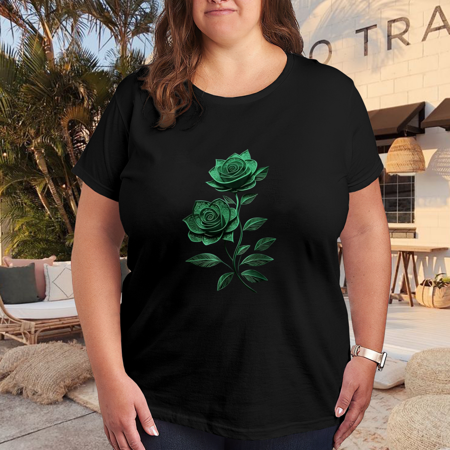 Fresh Emerald Green Lace Rose Gothic Plus Size Women Printed T-Shirt