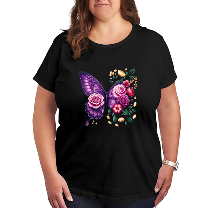 Luxe Purple Pink Rose Butterfly Floral Art Plus Size Women Printed T-Shirt