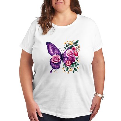 Luxe Purple Pink Rose Butterfly Floral Art Plus Size Women Printed T-Shirt