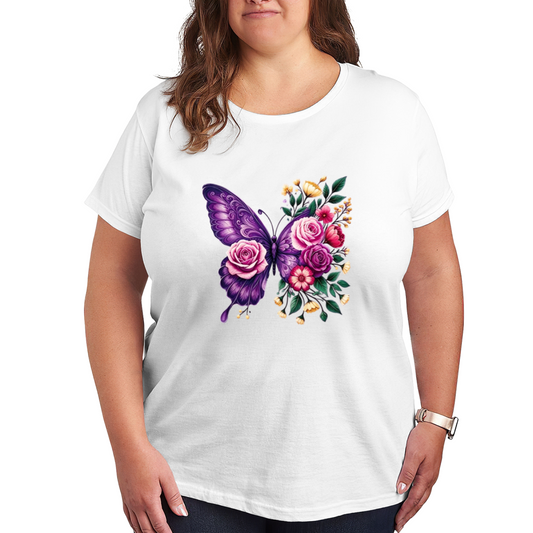 Luxe Purple Pink Rose Butterfly Floral Art Plus Size Women Printed T-Shirt