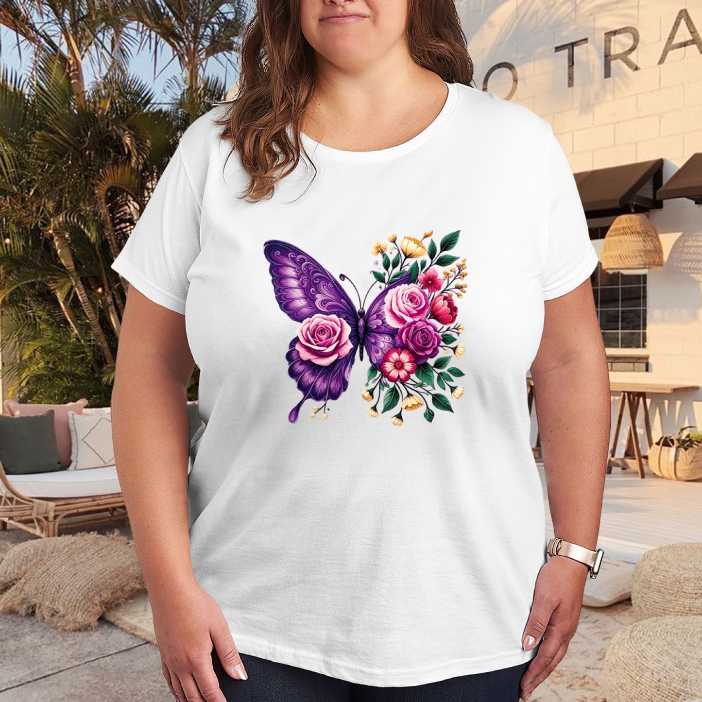 Luxe Purple Pink Rose Butterfly Floral Art Plus Size Women Printed T-Shirt