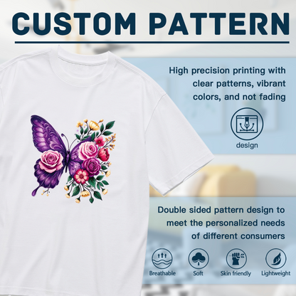 Luxe Purple Pink Rose Butterfly Floral Art Plus Size Women Printed T-Shirt