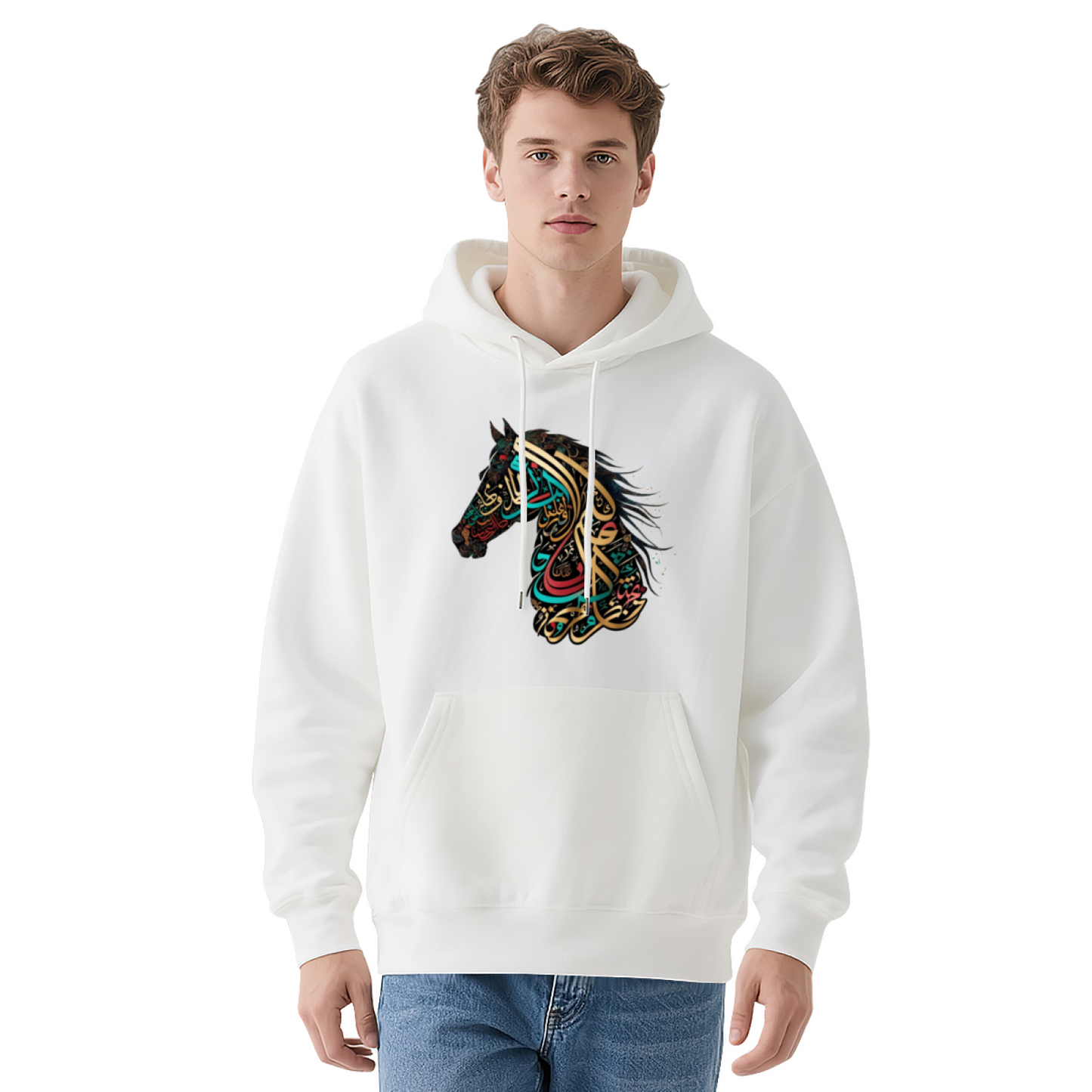 Colorful Arabic Calligraphy Horse Graphic Grey Hoodie, Unisex Soft Casual Daily Wear
