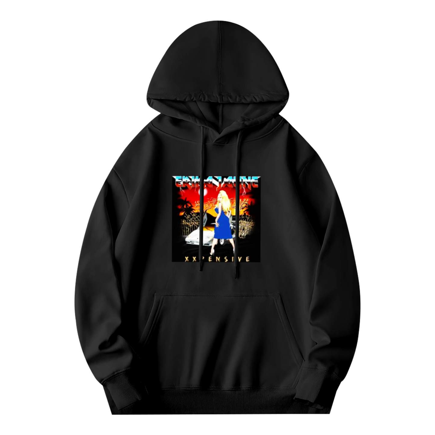 Retro Hip Hop Xxpensive Lady Graphic Hoodie, Comfort Streetwear Black Hooded Top