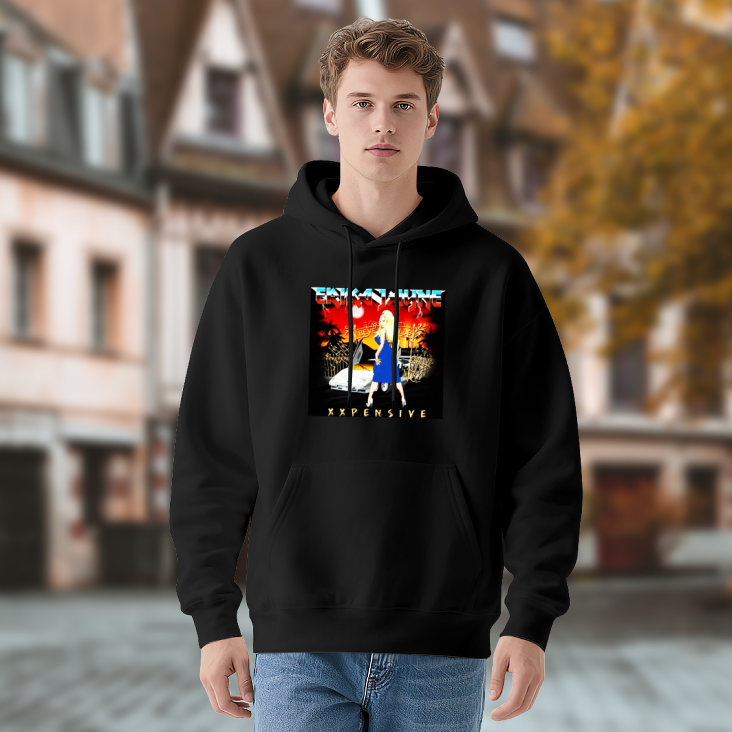 Retro Hip Hop Xxpensive Lady Graphic Hoodie, Comfort Streetwear Black Hooded Top