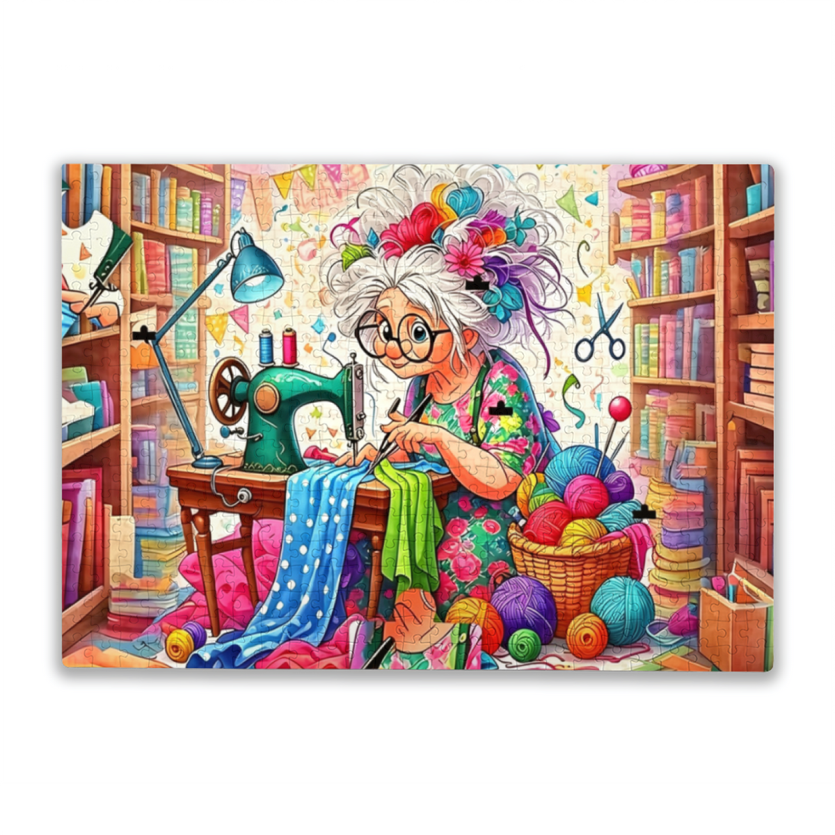 Crafty Grandma Full Of Yarn & Sewing Supplies Whimsical Art Puzzle | 300/500/1000 Pieces