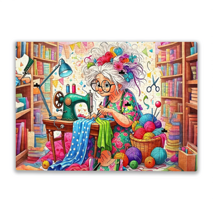 Crafty Grandma Full Of Yarn & Sewing Supplies Whimsical Art Puzzle | 300/500/1000 Pieces