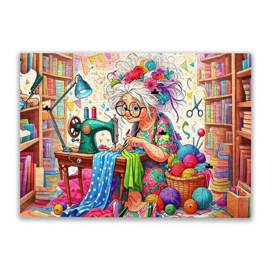 Crafty Grandma Full Of Yarn & Sewing Supplies Whimsical Art Puzzle | 300/500/1000 Pieces
